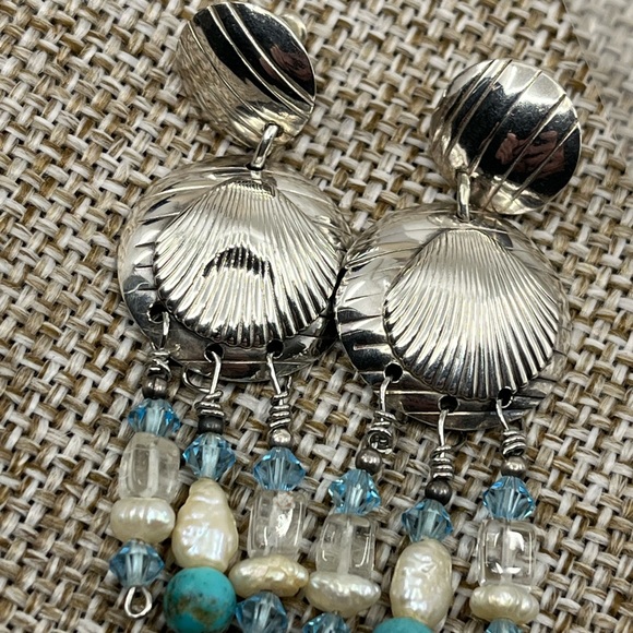 90's Handmade Sterling Silver Double Shell Earrings with Turquoise - Picture 13 of 16